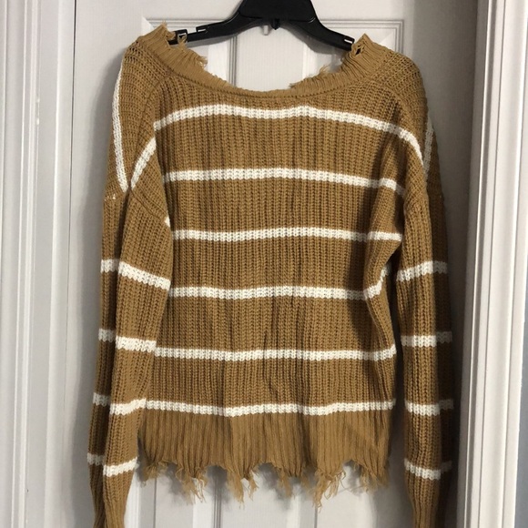 Alison Andrews Brown and White Striped Raw Hem Fall V-Neck Woven Knit Sweater - Picture 9 of 9